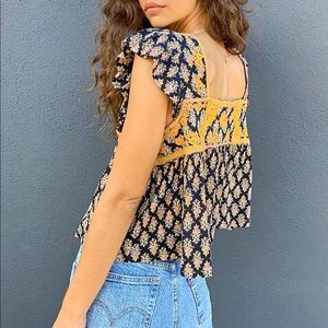 Free People Floral Short Sleeve Top - Black and Yellow